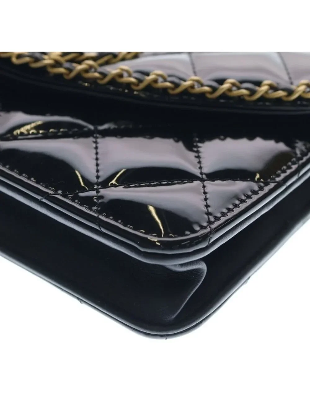 Chanel Quilted Patent Heart Chain Mini Shoulder Bag Black Gold